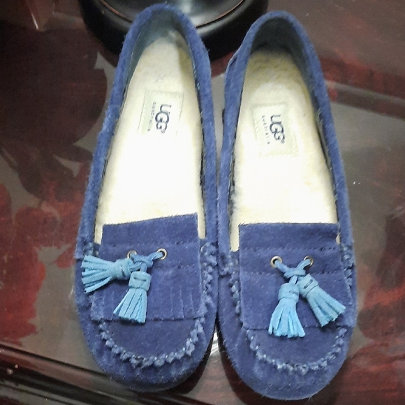 UGG Navy Suede Loafers with Light Blue Tassels - Picture 1 of 6